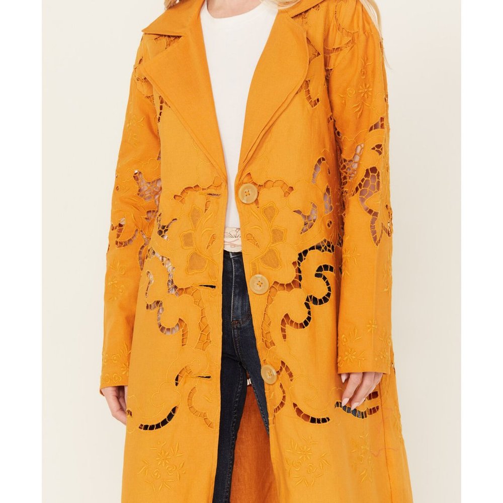 Free People Susanna Eyelet Cotton & Linen Coat Duster Mustard Size Small NWOT